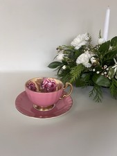 Aynsley Cabbage Rose Pink & Gold Interior Cup and Saucer Fine Bone China England