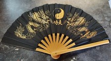 Black Wood Chinese Dragon YingYang Folding Hand Decorative Burlesque Dancing Fan