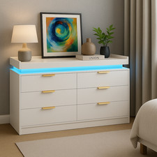 Modern White 6-Drawer Chest of Drawers with LED Lighting & Remote – 116cm Wide
