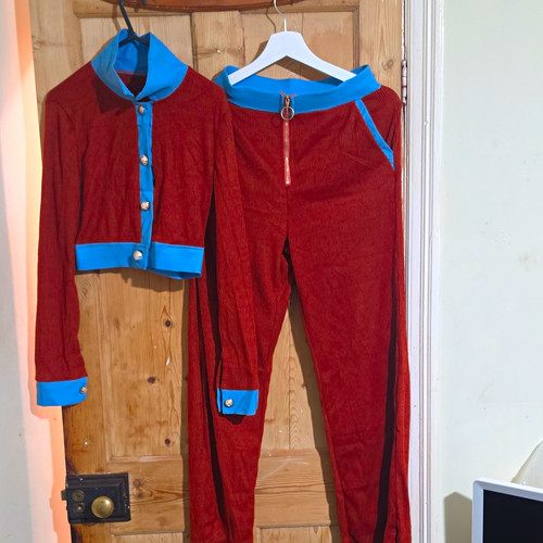 Women brown blue trim 2pc - trim,