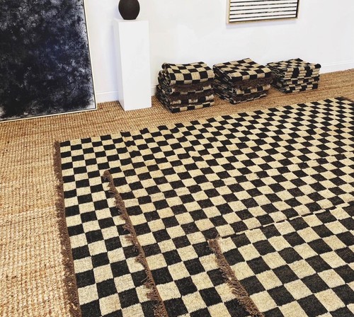 Handwoven wool jute check rug - wool,