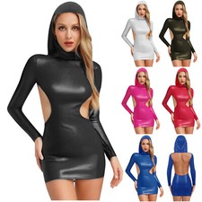 UK Womens Hooded Wetlook Dress