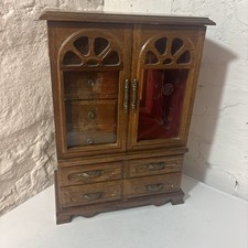 Solid Oak Wood Etched Glass Multiple Drawer Vintage Jewelry Box With Mirror