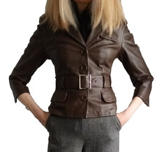 Smart vintage brown leather quality belted short Karen Millen jacket, 8, vgc