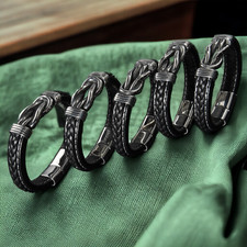 Men’s Bracelet Black Leather Stainless Steel Infinity Knot Engraved MSGs Love UK