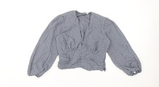 Zara Women Blue Check Blouse Size S Cropped Puff Sleeve V-Neck