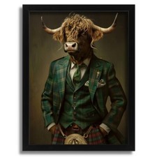Highland Cow in Plaid Suit Art Print Anthropomorphic Animal Artwork Cow In Kilt