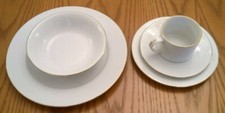 Porcelain Dinner Set 20 piece Plates, Bowls, Cups Saucers White with Gold Trim