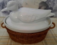 Ceramic White Duck Egg Holder Storage In A Wicker Basket
