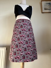 SEASALT UK 12 'Recital' Grey/Pink 100% Cotton Fine Cord Skirt Flower A-Line Boho