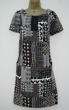 DEBENHAMS BLACK WHITE TAUPE PRINT TIE BACK SHIFT DRESS SIZE 14 POCKETS KEYHOLE