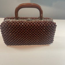 Vintage 1960s Brown Beaded Handbag with Lucite Handle & Satin Lining-Retro Purse