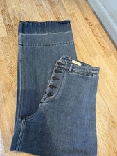 Anthropologie  High-Rise Wide-Leg Blue Denim UK 8 raw hem button up  soft