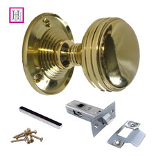 DOOR KNOBS SET Polished Brass Handle SETS MORTICE REEDED SPRUNG Round Internal