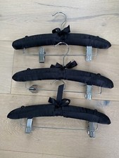 Set of 3 Padded Coat Hangers 43cm & Clips Black Satin Cushioned Luxury Top/Dress