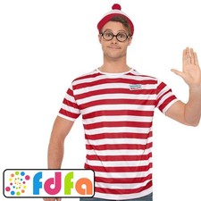 Smiffys Official Where's Wally Kit T-Shirt & Hat Adults Mens Fancy Dress Costume