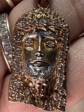 10k Yellow Gold Large Jesus Face Religious stones Eye Beautiful Pendant 33mm .