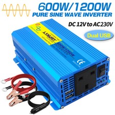 Pure Sine Wave Power Inverter 600W 1200W 12V to 240V Converter 2USB Camping Trip