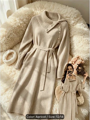 Apricot knit cowl neck belted - neck,