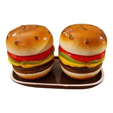 Vintage Ceramic Burger Salt and Pepper Shakers Set with Tray Novelty Kitchen Dec