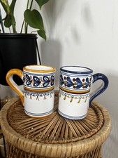 Talavera Spain Pottery Small Coffee Tea Mugs Hand-painted Set Of 2 White Blue