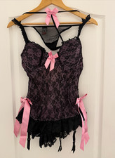 Vintage La Senza Antique Lace Baby Doll Chemise Set Black with Pink Bows Size 14