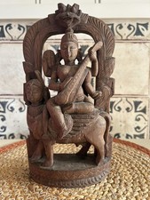 Antique Late 19th Century Hindu Carved Wood Statue Of Saraswati