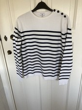 Ladies Breton French Crew Neck Navy Striped Jumper Size Medium 100% Cotton
