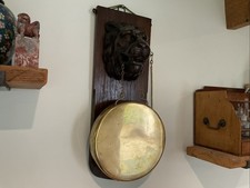 Large Antique Wooden Carved Lion Head Brass Dinner Gong