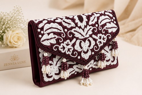 Women burgundy beaded - women's, clutch