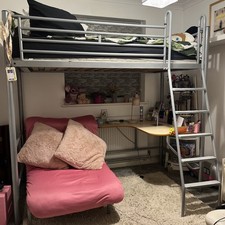 Metal Loft Bed with Desk & Pink Futon Chair – Space-Saving Kids/Teen Bedroom Set