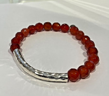 Solid Silver Hammered Finished Curved Bar With Carnelian Beads Bracelet.
