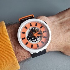 Swatch Big Bold Watch Bio Ceramic SB03M104 SWISS Analog Black White Orange