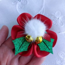 Dog collar flower bow Christmas accessory red satin pom pom bell 7.5 cm bow
