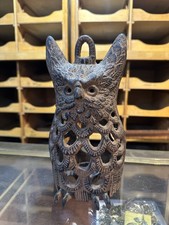 Vintage Cast Iron Horned Owl Hanging or Free standing Candle Holder Lantern 9.5”