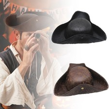 New Halloween Vintage PU Leather Wide Brim Pirate Tricorn Hat Caribbean