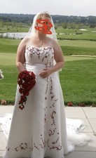 Extremely Rare True Bride Satin Red Embroidered Wedding Dress (Tiara & Veil Inc)