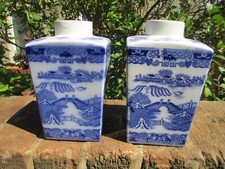 A Pair of Ringtons Blue Willow Pattern Early 90s Tea Caddies - No Lids - Vases?