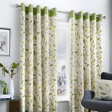 Beechwood Green Leaf Pattern Curtain Pair Ring Top Eyelet & Cushions Cotton