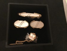 Cufflinks Tie Clip & Pin Smart Mid Century Cream Mother Of Pearl Gold Tone VGC