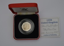 1998 Silver Piedfort Proof 50p coin "EU Anniversary" Box + COA Little toning