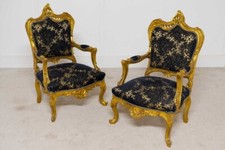 Pair Gilt Arm Chairs French Rococo Carved