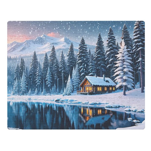 Frozen lakeside cabin jigsaw - lakeside,