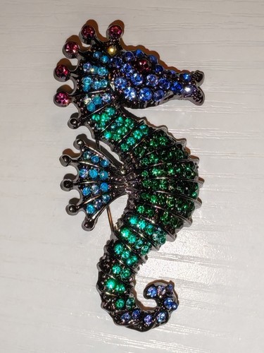Rhinestone sea horse brooch - sea, in