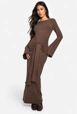 SEXY Womens Sleeve Long Maxi Ruched Party Evening Bodycon Dress Dresses Brown XS