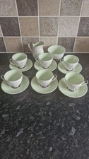  Vintage Queen Anne Fine  Bone China  Coffee Set  White /Green   & Platinum Trim