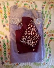Purple Net Saree with Maroon