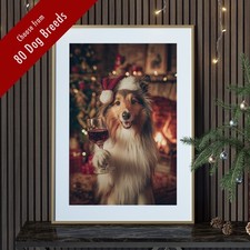 Funny Dog Christmas Wall Art Print – Santa Hat & Wine Glass | Festive Pet Lover