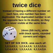 Set of six trick dice, repeated numbers, aka Twice Dice or one-way tops, magic. 