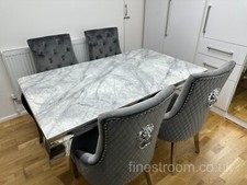 Grey Marble Dining Table 150x90 cm with 4 Lion Knocker Chairs